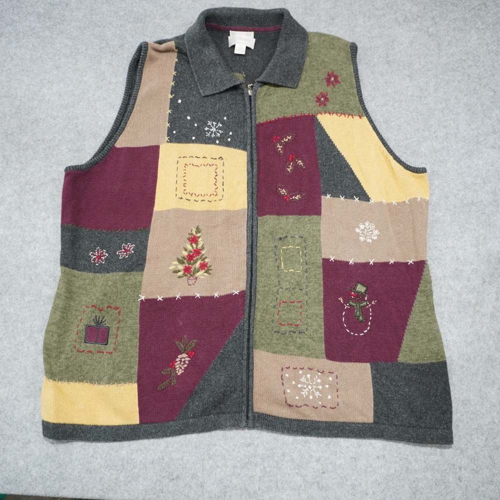 Vintage Women's 3X Multicolor Christmas Patchwork Zip Up Sweater Vest Embroidery